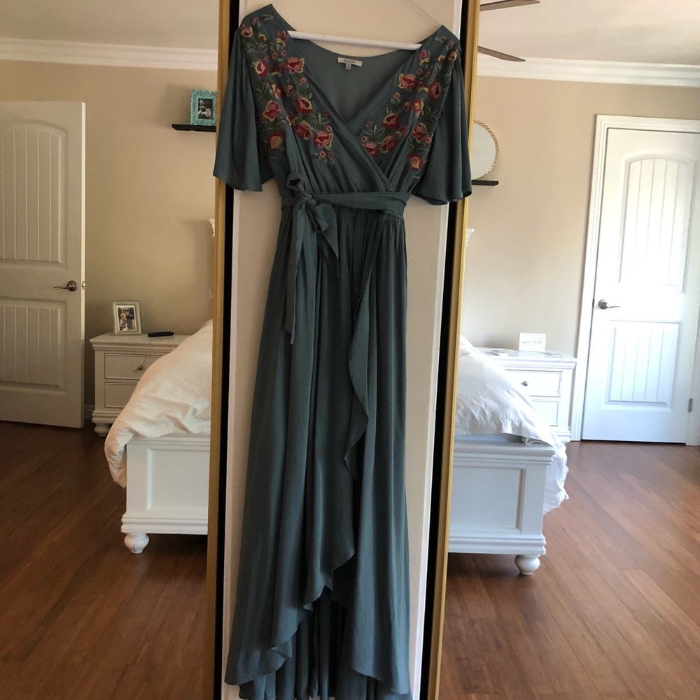 When and Ivory Damara Faux Wrap Dress in Kale